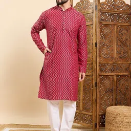 Anouk Red Chevron Self Design Mandarin Collar Regular Straight Cotton Kurta-49