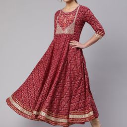 GLAM ROOTS Ethnic Motifs Printed Thread Work Anarkali Cotton Kurta-image-36