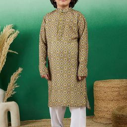 Sangria Boys Mustard Yellow Geometric Printed Mandarin Collar Cotton Straight Kurta-picture-40