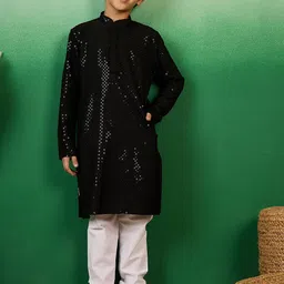 Sangria Boys Sequence Embroidered Cotton Mandarin Collar Chikankari Kurta-image-85