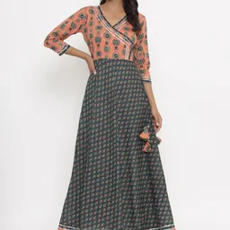 PARCHHAI Women Green & Peach-Coloured Ethnic Motifs Printed Anarkali Kurta-picture-18
