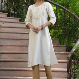 Juniper Women Cream-Coloured Embroidered Yoke Design Kurta-picture-3