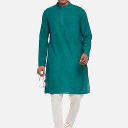 indus route by Pantaloons Men Teal Solid Cotton Kurta-25