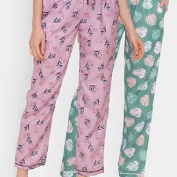 FashionRack Women Pack of 2 Green & Pink Printed Cotton Lounge Pants-picture-2