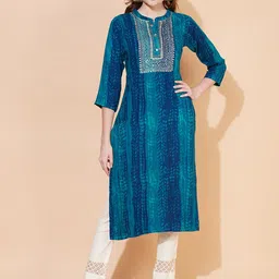 FASHOR Women Blue & Gold-Toned Yoke Design Straight Kurta-43
