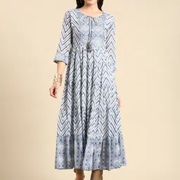 SHOWOFF Chevron Printed Tie-Up Neck Beads & Stones Anarkali Kurta-picture-16