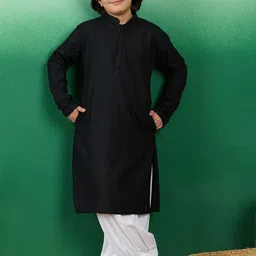 Sangria Boys Black Geometric Embroidered Mandarin Collar Chikankari Cotton Straight Kurta-47