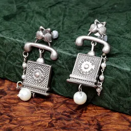 PANASH Women Oxidized Silver-Plated Off-White Square Jhumkas-1