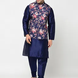 Kaifoo Men Navy Blue Floral Kurta with Churidar & Nehru Jacket-93