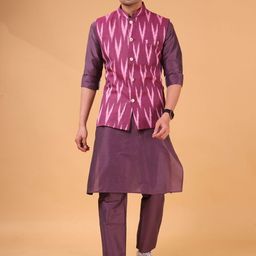 SHIWAM ETHNIX Ikat Printed Mandarin Collar Straight Kurta & Pyjamas With jacket-picture-32
