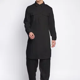 Sanwara Men Black Pathani Kurta with Pyjamas Set-picture-25
