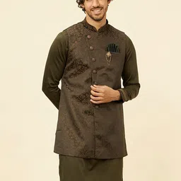 Manyavar Mandarin Collar Long Sleeves Brocade Regular Kurta With Pyjamas & Jacket-image-65