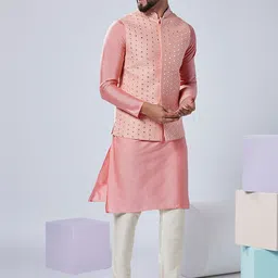 KISAH Mandarin Collar Mirror Work Regular Kurta With Pyjamas & Nehru Jacket image 1