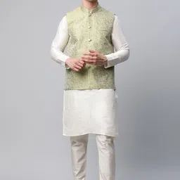 Jompers Men Green Layered Kurta with Pyjamas & Nehru Jacket-28