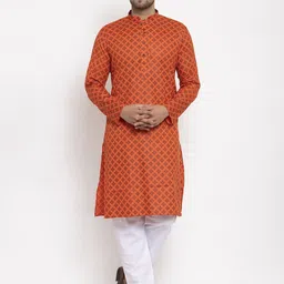 KRAFT INDIA Men Orange & White Cotton Printed Kurta with Pyjamas-32