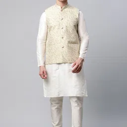 Jompers Men Beige Layered Kurta with Churidar & Nehru Jacket-picture-43