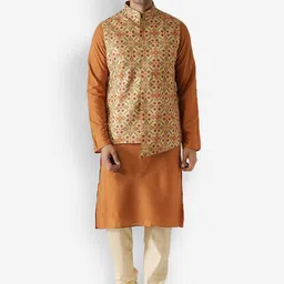 KISAH Men Cream-Coloured & Brown Kurta with Churidar & Nehru Jacket Set-33