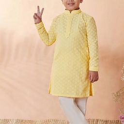 Manyavar Boys Yellow Embroidered Kurta with Pyjamas-image-79