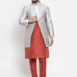 Kaifoo Men Orange & Grey Layered Kurta with Churidar & Jacket-18