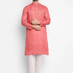 DEVOILER Men Peach-Coloured & White Ethnic Motifs Yoke Design Kurta with Pyjamas-20