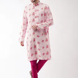 VASTRAMAY Men Pink & Green Floral Printed Kurta with Pyjamas-16