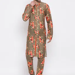 VASTRAMAY Men Brown & Red Floral Printed Kurta with Pyjamas-picture-4