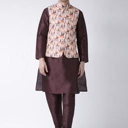 Hangup Men Mandarin Collar Kurta with Pyjamas & Printed Nehru Jacket-picture-15