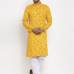 KRAFT INDIA Men Yellow & White Floral Printed Regular Kurta With Pyjamas-picture-26