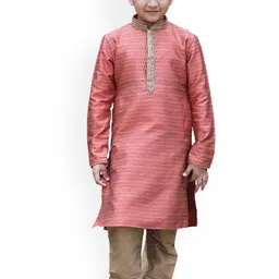Manyavar Boys Coral Red Ethnic Motifs Kurta with Pyjamas-image-9