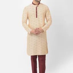 DEYANN Men Cream-Coloured Printed Straight Kurta with Pyjamas-36