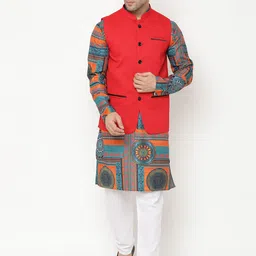 Hangup Men Green Ethnic Motifs Printed Kurta with Pyjamas & Nehru Jacket-1
