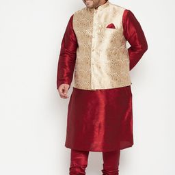 VASTRAMAY Men Maroon & Gold-Toned Woven Designed Kurta with Churidar & Jacket-58