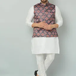 Kaifoo Men White & Grey Printed Kurta with Pyjamas & Nehru Jacket-86