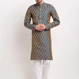 Jompers Men Blue & Beige Ethnic Motifs Woven Design Regular Kurta With Pyjamas-picture-13