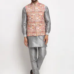 Benstoke Men Grey Dupion Silk Kurta & Pyjamas with Nehru Jacket image 1
