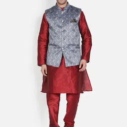 Armaan Ethnic Men Maroon Dupion Silk Kurta with Pyjamas & Nehru Coat-picture-14