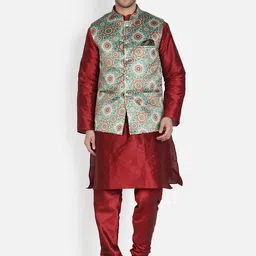 Armaan Ethnic Men Maroon Dupion Silk Kurta with Churidar & Nehru Jacket-picture-43