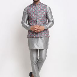 Benstoke Men Grey Melange Dupion Silk Kurta Set With Nehru Jacket-9
