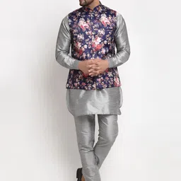 Benstoke Men Grey Floral Printed Dupion Silk Kurta Pyjamas with Nehru Jacket-17