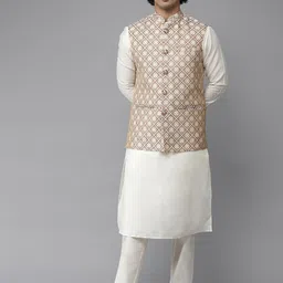 See Designs Men Beige Ethnic Motifs Pure Silk Kurta with Pyjamas-picture-18
