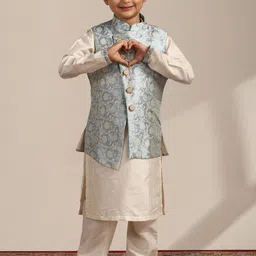 Manyavar Boys Woven Design Mandarin Collar Kurta And Pyjamas With Jacket-0
