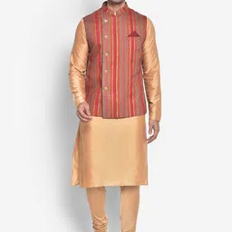 KISAH Men Beige & Maroon Kurta with Churidar & Nehru Jacket-picture-11