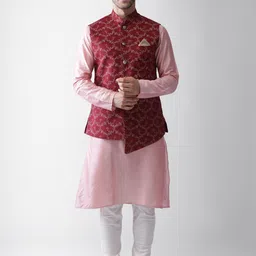 KISAH Men Pink & Maroon Kurta with Churidar & Nehru Jacket-picture-12