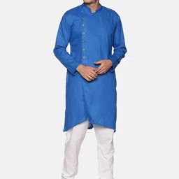 Sethukrishna Men Blue Angrakha Pure Cotton Kurta with Churidar-image-72