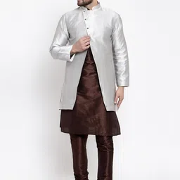 Kaifoo Men Brown & Silver Kurta Set With Jacket-image-74
