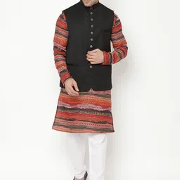 Hangup Men Brown Printed Kurta with Churidar & Nehru Jacket-picture-7