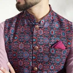 KISAH Mandarin Collar Regular Kurta with Trousers And Printed Nehru Jacket image 2
