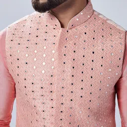 KISAH Mandarin Collar Mirror Work Regular Kurta With Pyjamas & Nehru Jacket image 2