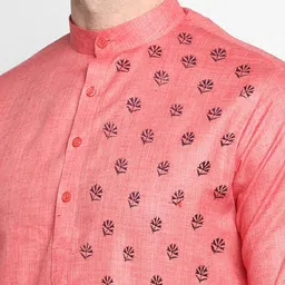 DEVOILER Men Peach-Coloured & White Ethnic Motifs Yoke Design Kurta with Pyjamas image 5