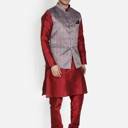 Armaan Ethnic Men Maroon & Grey Layered Dupion Silk Kurta with Pyjamas & Nehru Coat image 4